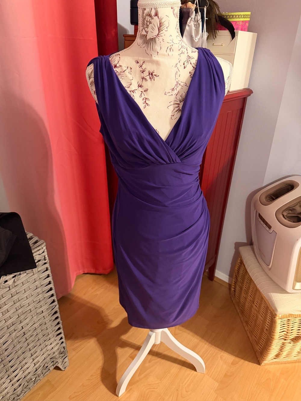 Lauren Ralph Lauren Deep Purple V-Neck Ruched Midi Dress